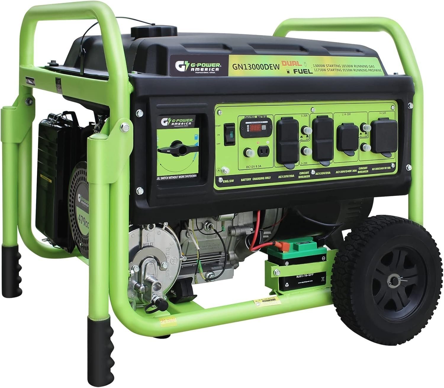 13,000W Dual Fuel Portable Generator, Powered by Gas or Propane, Electric Start, Home Backup & RV Ready