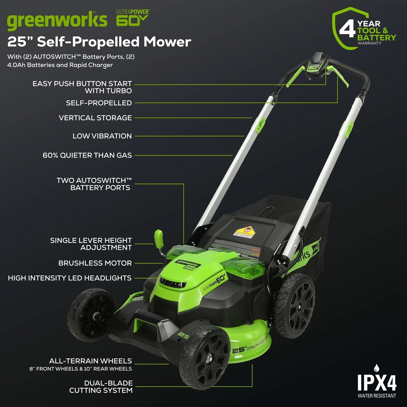 Greenworks 60V 25" Cordless Brushless Self-Propelled Mower + Two (2) 4.0Ah Batteries & Dual Port Charger