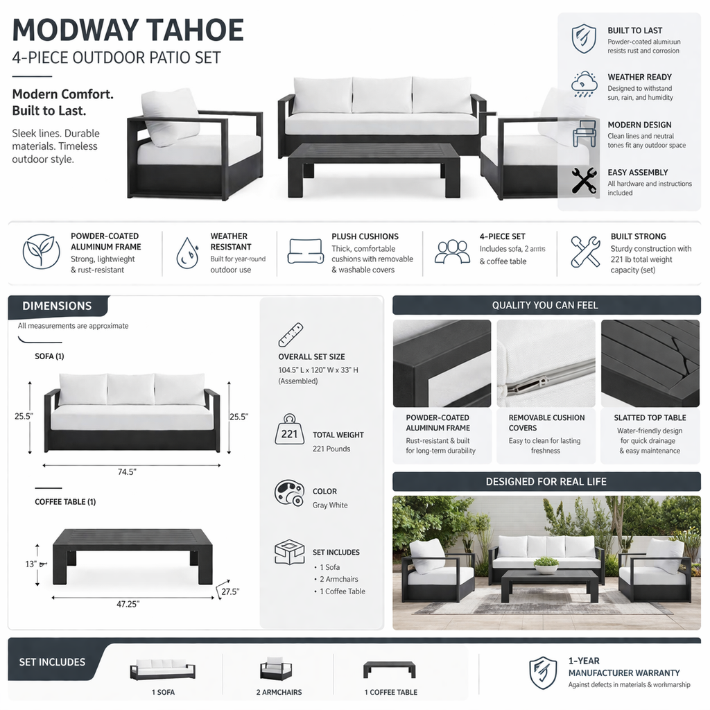 MODWAY TAHOE 4-PIECE OUTDOOR PATIO SET