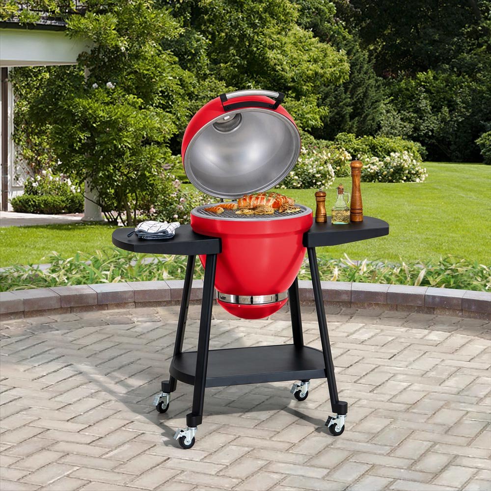 SUNJOY 20 Inch Charcoal Grill, Kamado Grill with Pizza Stone, Ultimate Egg BBQ Grill and Smoker with Wheels - Red