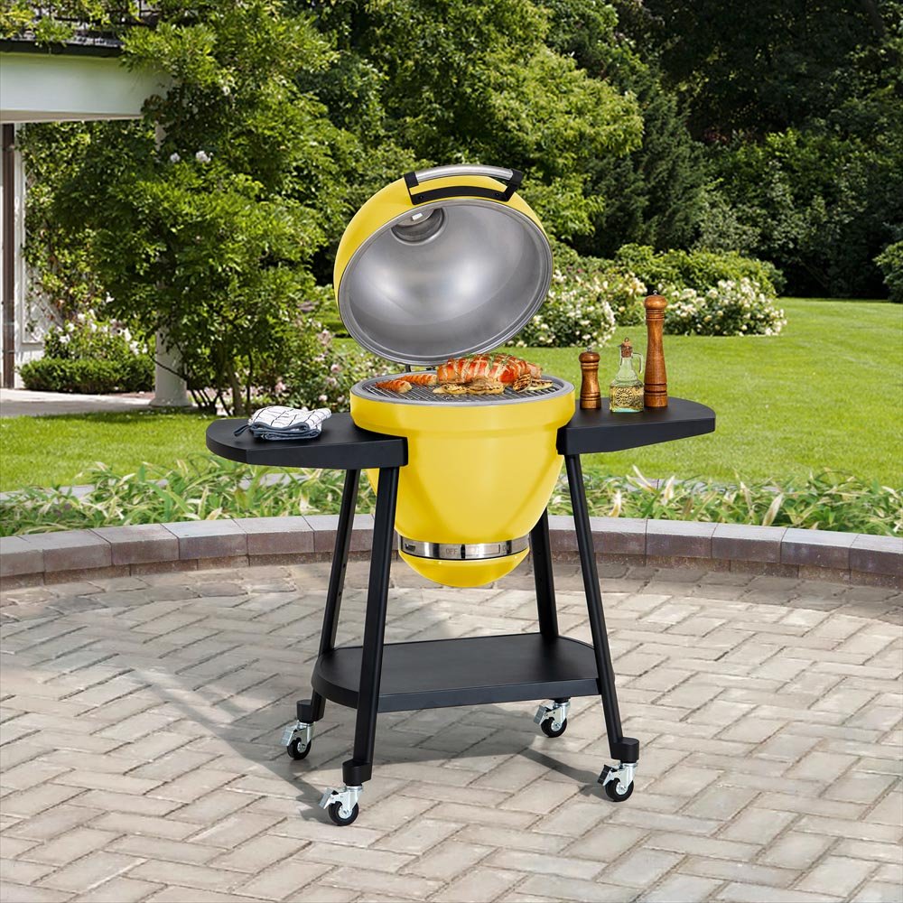 SUNJOY 20 Inch Charcoal Grill, Kamado Grill with Pizza Stone, Ultimate Egg BBQ Grill and Smoker with Wheels - Yellow