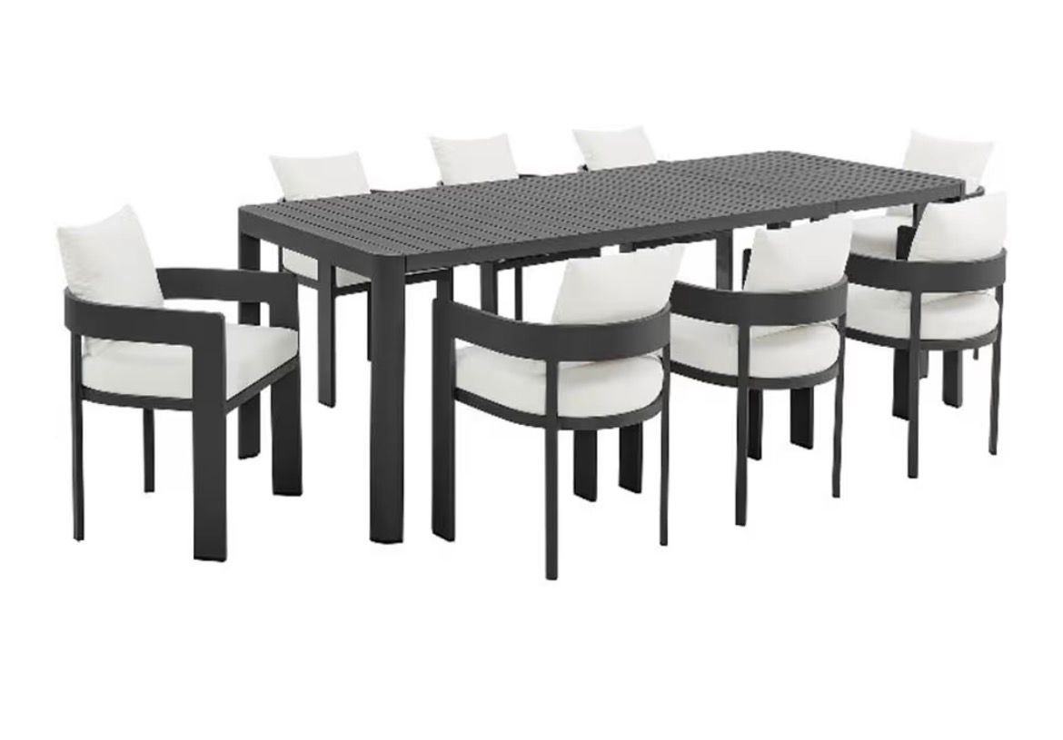 Modway Tahoe Aluminum 9-Piece Outdoor Patio Dining Set with Extendable Table and Cushioned Chairs, Gray White