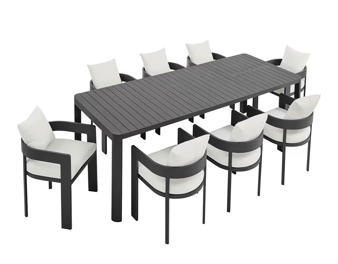 Modway Tahoe Aluminum 9-Piece Outdoor Patio Dining Set with Extendable Table and Cushioned Chairs, Gray White