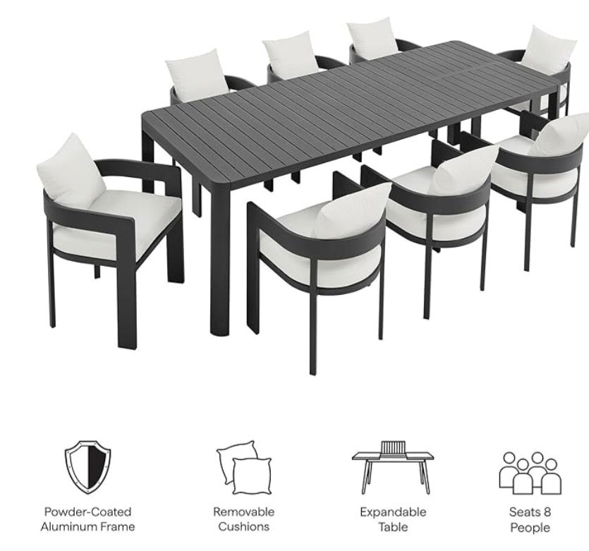Modway Tahoe Aluminum 9-Piece Outdoor Patio Dining Set with Extendable Table and Cushioned Chairs, Gray White