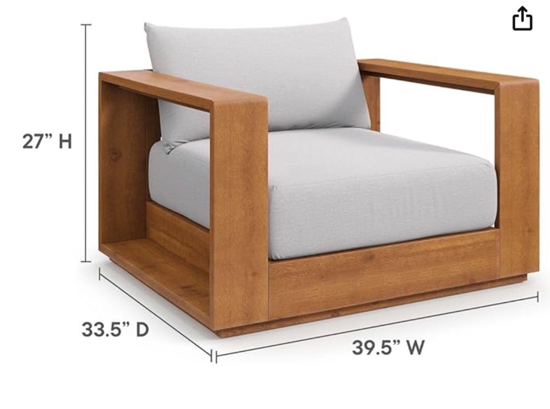 Modway Tahoe Acacia Wood Outdoor Patio Chair with Weather-Resistant Cushions, Natural Light Gray
