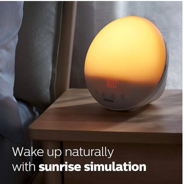 Philips SmartSleep Wake-up Light, Colored Sunrise and Sunset Simulation, 5 Natural Sounds, FM Radio & Reading Lamp, Tap Snooze, HF3520/60