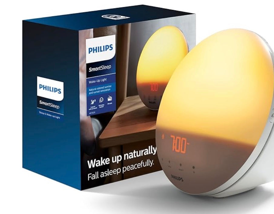 Philips SmartSleep Wake-up Light, Colored Sunrise and Sunset Simulation, 5 Natural Sounds, FM Radio & Reading Lamp, Tap Snooze, HF3520/60